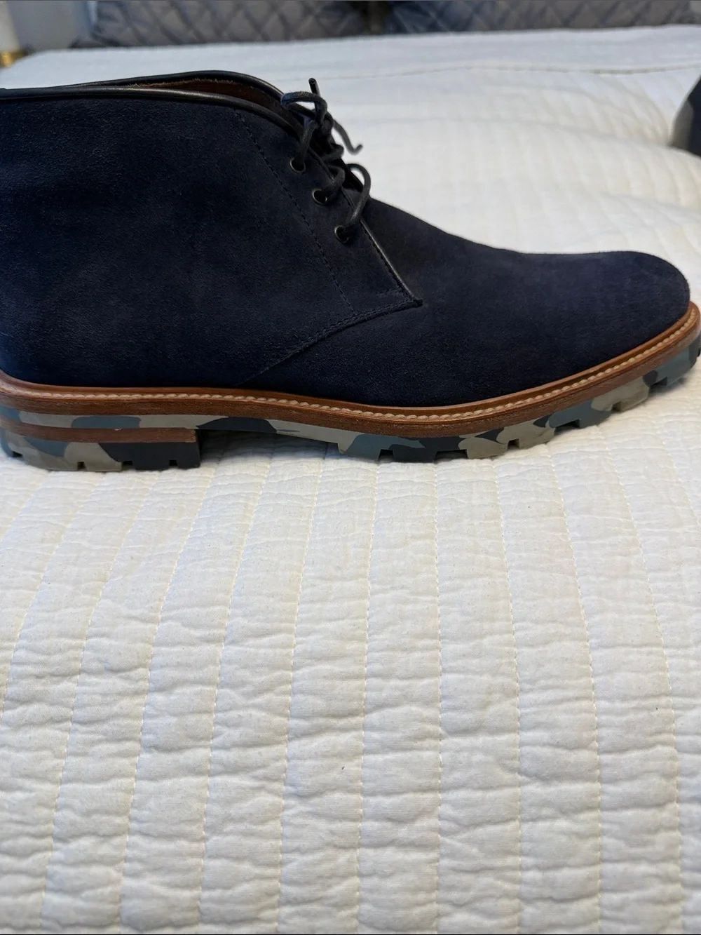 Aquatalia Men's Navy Suede Chukka Boots with Camo Rubber Sole 10.5 US